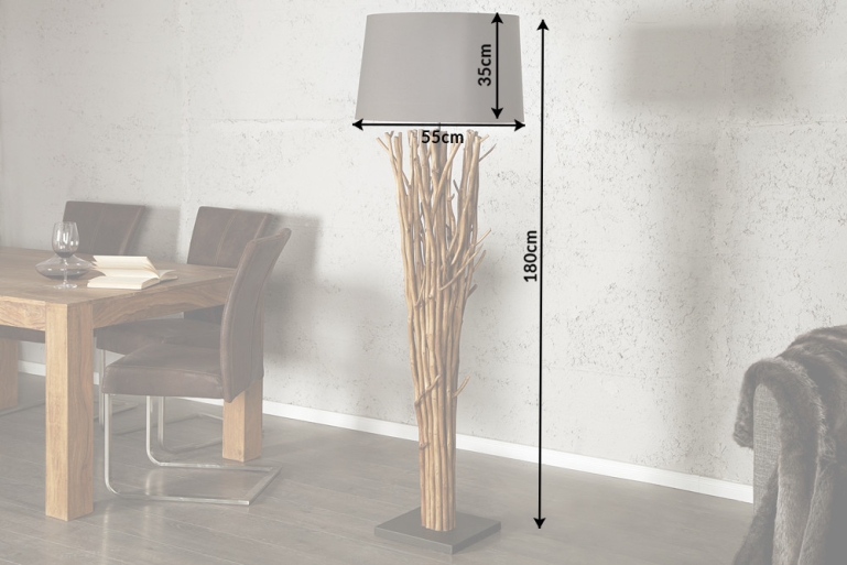 Design Treibholz Stehlampe AURA - 180cm grau mit Leinen Schirm